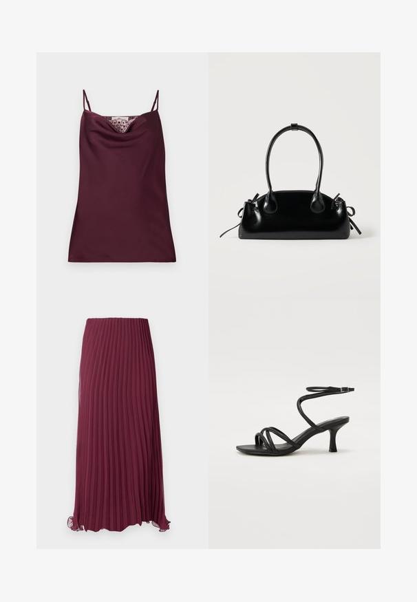 Ærmeløs dyb burgundy satin camisole top med tynde justerbare stropper og blonder detaljer langs cowl-halsudskæringen.; Lang burgunderfarvet plisseret nederdel lavet af letvægtsstof med elastisk talje og en let flæset kant. Teksturerede lodrette plisseringer overalt.; Even&Odd Wide Fit Sandaler - black; Lille sort blank håndtaske med to lange håndtag og snøre-detaljer i siden på en ensfarvet lys baggrund.