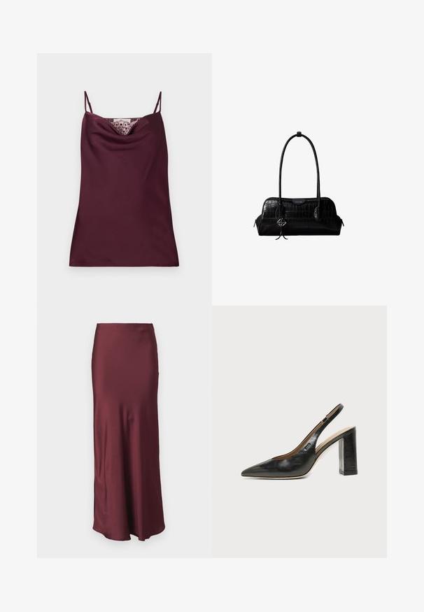 Mouwloze diep bordeaux satijnen camisole top met dunne verstelbare bandjes en kantdetail langs de watervalhalslijn.; Bordeaux satijnen maxirok met een aansluitende taille en een uitlopende zoom, voorzien van een gladde textuur en zonder zichtbare patronen of versieringen.; Zwarte leren slingback schoen met spits toelopend neusje, hoge blokhak en beige binnenvoering tegen een effen lichte achtergrond.; Zwarte schoudertas van leer met krokodillenstructuur, lange banden en een klein zilveren logohanger aan één band.