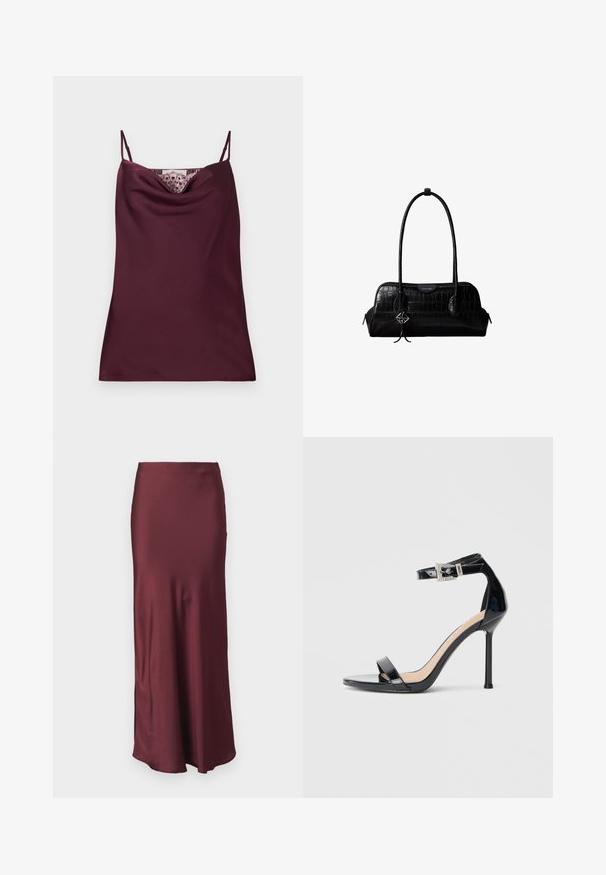 Ärmelloses, tief bordeauxfarbenes Satin-Camisole-Top mit dünnen, verstellbaren Trägern und Spitzenakzenten entlang des Wasserfallausschnitts.; Burgunder satinhult lange Rock mit tailliertem Bund und ausgestellt Saum, der eine glatte Textur aufweist und keine sichtbaren Muster oder Verzierungen hat.; Schwarzer Riemchensandale aus Lackleder mit hohem Absatz und Knöchelriemen. Verfügt über ein minimalistisches Design, offene Zehenpartie und eine Schnalle mit Strassakzenten.; Schwarze Umhängetasche aus krokodilstrukturiertem Leder mit langen Riemen und einem kleinen silbernen Logocharm an einem Riemen.