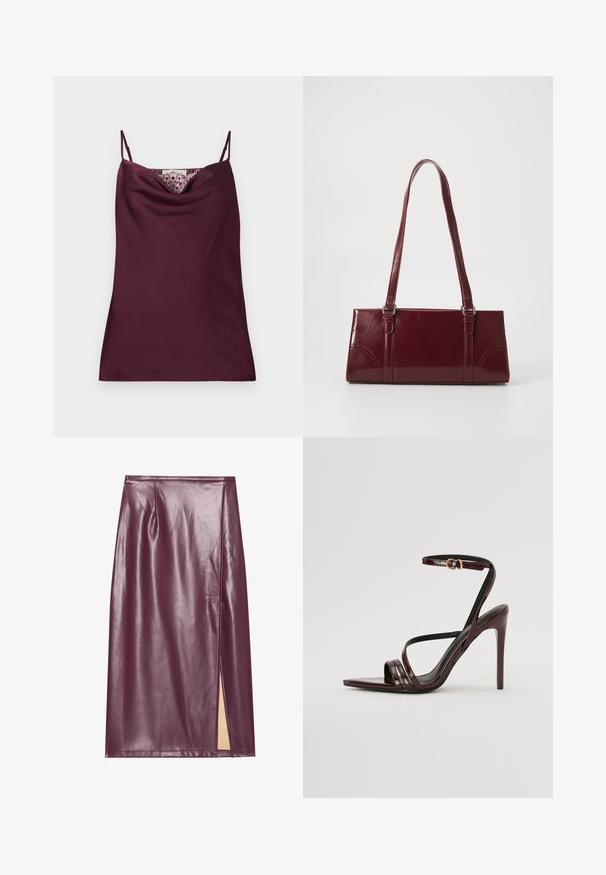 Ærmeløs dyb burgundy satin camisole top med tynde justerbare stropper og blonder detaljer langs cowl-halsudskæringen.; Bordeaux farvet faux læder blyantskirt med slidser i siden, glat tekstur og sømdetaljer, der har en tætsiddende silhuet og knælangt design.; Bordeaux laker læder højhælede sandal med ankelrem, spids tå og tre vandrette remme over foden. Detalje med spænde i guldtonet.; Bordeaux håndtaske lavet af glansfuldt materiale, rektangulær form, med to skulderremme og subtile buede detaljer på forsiden.
