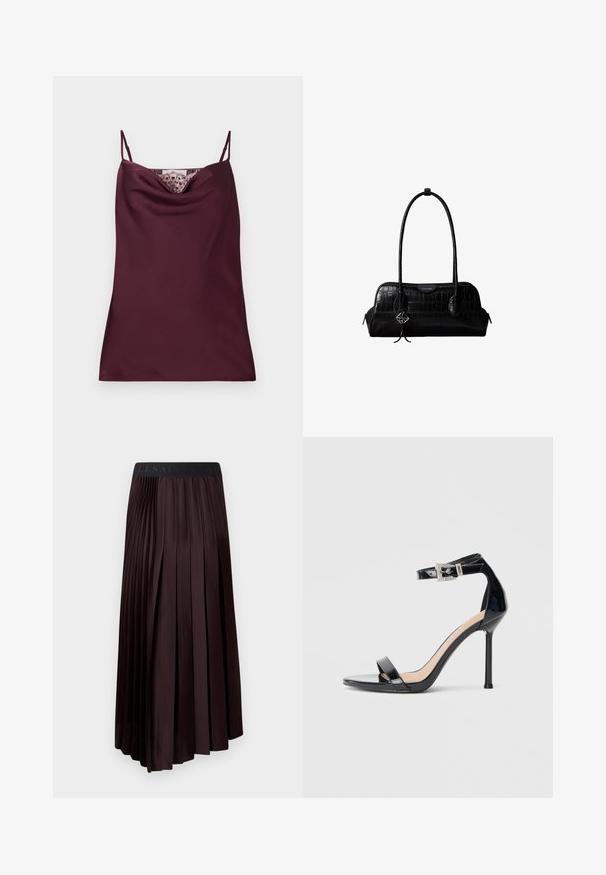Ærmeløs dyb burgundy satin camisole top med tynde justerbare stropper og blonder detaljer langs cowl-halsudskæringen.; Mørkebrune, plisserede midi-skjorter med en glat tekstur, der har en elastisk talje og et logo-detalje øverst.; Sort højhælet sandal i laklæder med ankelrem. Har minimalistisk design, åben tå og spænde med rhinsten-detaljer.; Sort skuldertaske i krokodillelæder med lange stropper og lille sølvlogo-charm på den ene strop.