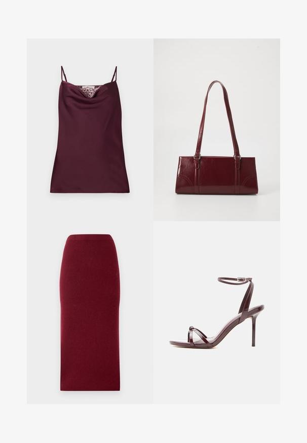 Ärmelloses, tief bordeauxfarbenes Satin-Camisole-Top mit dünnen, verstellbaren Trägern und Spitzenakzenten entlang des Wasserfallausschnitts.; Burgunderfarbene Strick-Midi-Rock mit einer taillierten Silhouette, glatter Textur und einem Bund. Keine sichtbaren Nähte oder Muster. Einheitliche Farbe durchgängig.; Bordeauxrote High-Heels-Sandale aus Lackleder mit dünnem Knöchelriemen und gekreuzten Zehenriemen auf weißem Hintergrund.; Burgunderfarbene Handtasche aus glänzendem Material, rechteckige Form, mit zwei Schulterriemen und subtilen, geschwungenen Akzenten an der Vorderseite.