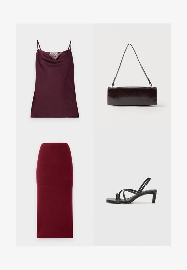 Ærmeløs dyb burgundy satin camisole top med tynde justerbare stropper og blonder detaljer langs cowl-halsudskæringen.; Bordeaux strik midi-nederdel med en tætsiddende silhuet, glat tekstur og en talje. Ingen synlige sømme eller mønstre. Ensfarvet hele vejen igennem.; Sort remsandale med firkantet tå og en lav blokeret hæl. Har flere tynde stropper og en justerbar ankelrem. Fremstillet af glat læder.; Rektangulær sort læderhåndtaske med en enkelt lang rem og blank finish, vist mod en ensfarvet hvid baggrund.