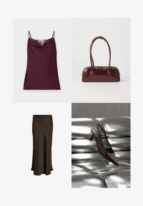 Ärmelloses, tief bordeauxfarbenes Satin-Camisole-Top mit dünnen, verstellbaren Trägern und Spitzenakzenten entlang des Wasserfallausschnitts.; VILA VIELLETTE HW MIDI SKIRT - NOOS - Maxirock - coffee bean; Glänzender, dunkelroter Slingback-Pumps mit hohem Absatz und spitz zulaufender Vorderkappe, präsentiert auf glänzendem, silbernem, gesteppter Lederoberfläche.; Burgunderfarbene Ledertasche mit geschwungener Form, doppelten Tragegriffen, Reißverschlussverschluss und dezenten Steppdetails. Glatte, hochglänzende Oberfläche.