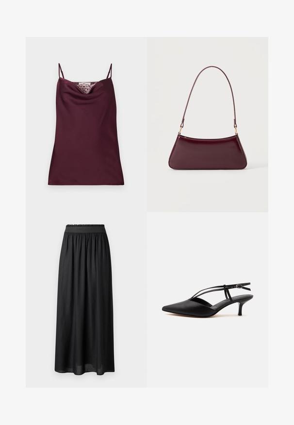 Ærmeløs dyb burgundy satin camisole top med tynde justerbare stropper og blonder detaljer langs cowl-halsudskæringen.; Sort mid-længde nederdel lavet af letvægtsstof, med elastisk talje og en svævende silhuet med en glat tekstur.; Sort læder spids tå kitten heel med tynd ankelrem og spænde, slingback design, på en ensfarvet lys baggrund.; Mørk burgunderglans håndtaske med et enkelt tyndt håndtag og en elegant, trapezformet form på en ensartet lys baggrund.