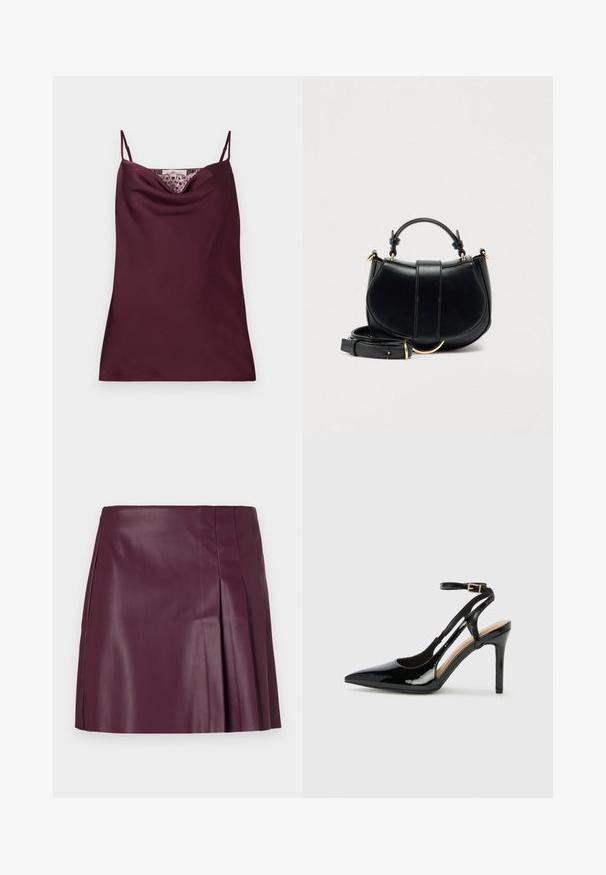 Ærmeløs dyb burgundy satin camisole top med tynde justerbare stropper og blonder detaljer langs cowl-halsudskæringen.; ONLY ONLARTZY Short - Mini skirts - mauve wine; Sorte laklæder højhælede slingback-sko med spids tå, justerbar ankelrem og åben sider. Glat tekstur.; Sort læderhåndtaske med en buet silhuet, gyldne accenter og en aftagelig rem. Har et topgrep og lodrette sømdetaljer.