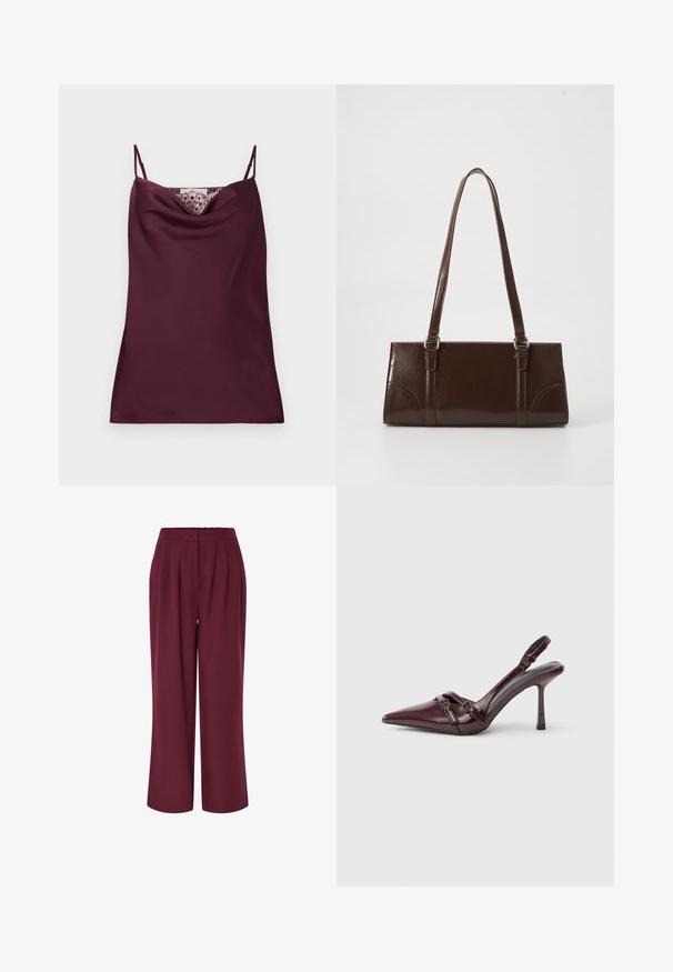 Mouwloze diep bordeaux satijnen camisole top met dunne verstelbare bandjes en kantdetail langs de watervalhalslijn.; Wijd-uitlopende broek in bordeauxrode stof, met voorplooien en een elastische tailleband. Gladde textuur, full-length ontwerp.; Bordeauxrode lakleren slingback met puntige neus, dunne enkelband en kleine decoratieve gespsluiting. Gladde textuur en hoge hak.; Bruine lakleren handtas met een rechthoekige vorm, twee lange handvatten en subtiele gebogen accenten aan de voorkant.