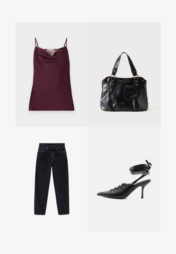 Ærmeløs dyb burgundy satin camisole top med tynde justerbare stropper og blonder detaljer langs cowl-halsudskæringen.; Sorte højtaljede jeans med lige ben, foran med knap, lynlås, bæltestropper og fem lommer, vist på en hvid baggrund.; Sort spids sko med høje hæle, snørelukning foran og omlægning omkring anklerne bundet med sløjfe, vist fra siden på hvid baggrund.; Sort læder skuldertaske med dobbelte stropper fastgjort med gyldne ringe og nitter, glat og let skinnende overflade, enkelt design.