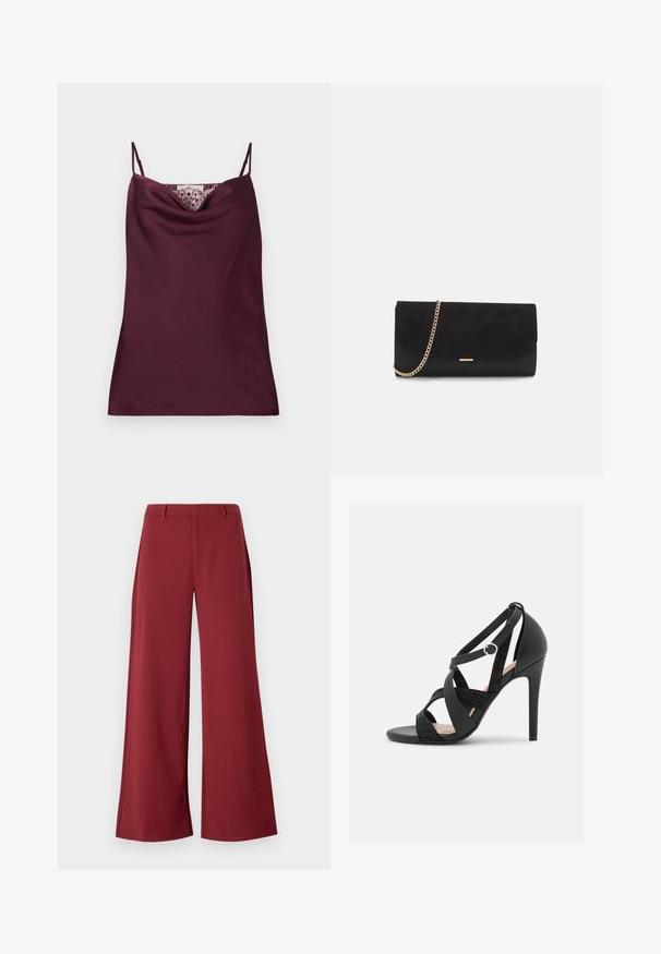 Ärmelloses, tief bordeauxfarbenes Satin-Camisole-Top mit dünnen, verstellbaren Trägern und Spitzenakzenten entlang des Wasserfallausschnitts.; Weite Hosen in einem tiefen Burgunderfarbton. Hergestellt aus einem glatten, dehnbaren Stoff mit taillierten Nähten und einem Reißverschluss auf der Vorderseite.; Anna Field by Zalando High Heel Sandalette - black; Schwarze Clutch aus Wildleder mit strukturierter Oberfläche, ausgestattet mit einem goldenen Kettenriemen und einem eleganten, kantigen Design.