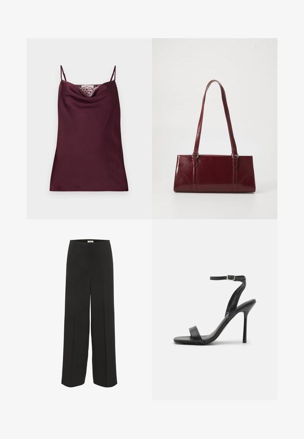 Caraco en satin bordeaux profond sans manches avec fines bretelles réglables et détail en dentelle le long du décolleté bénitier.; Pantalon noir à jambes larges, taille haute avec des détails subtils de plis, conçu pour une coupe décontractée et élégante.; Sandale à talons hauts noire avec une fine sangle au niveau de la cheville et deux bandes à l'avant. Fabriquée en cuir lisse avec un bout pointu élégant et un talon aiguille.; Sac à main bordeaux en matériau brillant, de forme rectangulaire, avec deux anses et des accents légèrement courbés à l'avant.