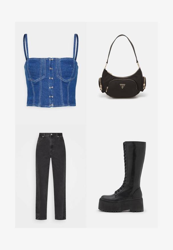 Elleme BUSTIER - Top - blue; Schwarze Denim-Jeans mit geradem Bein, hoher Taille, vorderem Knopf und Reißverschluss sowie fünf Taschen auf weißem Hintergrund.; Zign LEATHER - Schnürstiefel - black; Schwarze Stoff-Schultertasche mit goldfarbener Hardware, ausgestattet mit einem Hauptreißverschlussfach und zwei kleineren Reißverschlussfächern an den Seiten.