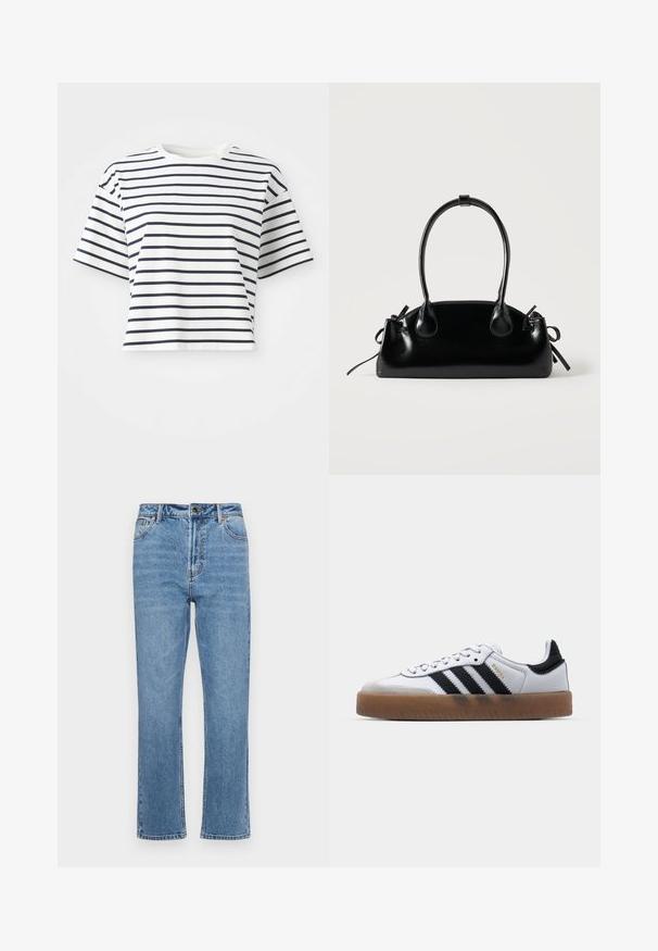 Korte mouwen, cropped t-shirt van witte stof met marineblauwe horizontale strepen. Heeft een ronde halslijn en een ontspannen pasvorm.; Lichtblauwe denim jeans met een rechte pijp, vijf zakken, een sluiting met een knoop aan de voorkant en subtiele vervaging op de stof.; Witte leren sneakers met zwarte strepen, gumrubberen buitenzool, ronde neus, vetersluiting en een zachte grijze suède neuskap.; Kleine zwarte glanzende handtas met twee lange hengsels en zijkant trekkoord details op een effen lichte achtergrond.