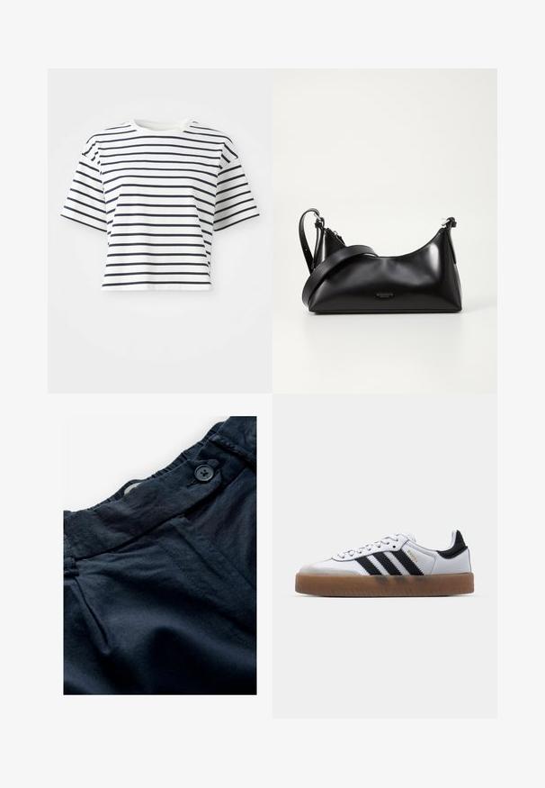 T-shirt à manches courtes, court, en tissu blanc avec des rayures horizontales navy. Présente un col rond et une coupe décontractée.; Pantalons bleu marine en tissu léger avec une ceinture plate, fermeture à bouton et texture subtile. Comprend des poches et des détails de couture.; Baskets en cuir blanc avec des rayures noires, semelle extérieure en caoutchouc beige, bout rond, fermeture lacée et embout en suède gris doux.; Sac à main en cuir noir avec une texture lisse. Dispose d'une bandoulière adjustable et d'un design élégant et minimaliste avec une fermeture éclair.