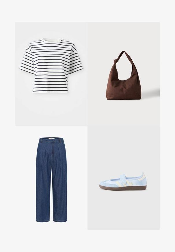 Kortærmet, cropped t-shirt i hvidt stof med marineblå vandrette striber. Har en rund halsudskæring og en afslappet pasform.; Blå denimbukser med høj talje og vide ben, forrest med læg, bæltestropper og skjult lynlåslukning.; Lyseblå sportssko med velcrolukning, cremefarvede striber på siderne, blødt stofoverdel, tekstureret brun gummisål.; Brun tekstureret stofhåndtaske med et enkelt håndtag bundet i en knude, vist mod en ensfarvet lys baggrund.