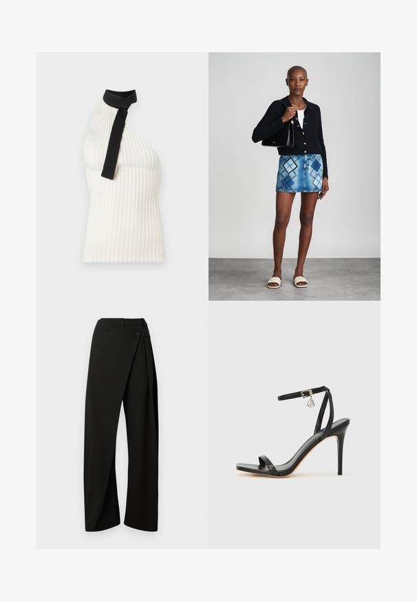 Top sin mangas blanco de canalé con un lazo negro alrededor del cuello, que presenta un diseño ajustado y un dobladillo con forma de ondulación.; Pantalones negros de pierna ancha con un panel envolvente en el frente y un cierre de botón en la cintura, mostrados sobre un fondo blanco.; Sandalia de tacón alto negra con una estrecha correa en el tobillo, punta cuadrada, material de cuero liso y detalle de hebilla metálica.; Cárdigan negro de punto, blusa blanca, falda de mezclilla con patrón de diamantes en azul y negro, bolso negro y sandalias deslizantes beige.