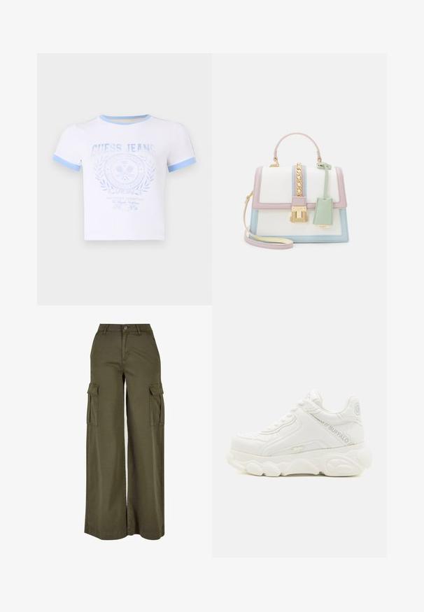 T-shirt blanc en coton avec col et manches côtelés bleu clair, présentant un imprimé graphique bleu décoloré et un design de logo circulaire sur le devant.; Pantalons cargo larges en vert olive avec deux poches latérales, fabriqués à partir d'un tissu doux et durable. Présente une couture détaillée et une fermeture à bouton.; Basket blanche épaisse avec semelle épaisse, design à lacets, et marquage "Buffalo" sur le côté et le talon.; ALDO MARTISSA - Sac à main - pastel multi-coloured