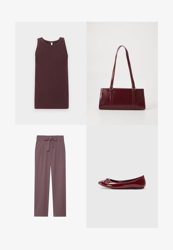Débardeur côtelé sans manches de couleur brun foncé avec un col rond, posé à plat sur un fond gris clair.; Pantalons larges de couleur prune avec une taille ceinturée, un devant plissé et une texture lisse. Comprend des poches latérales et un design ajusté.; Ballerines en vernis bordeaux brillant, avec un bout arrondi et un petit nœud sur le devant. Texture lisse, petit talon.; Sac à main bordeaux en matériau brillant, de forme rectangulaire, avec deux anses et des accents légèrement courbés à l'avant.