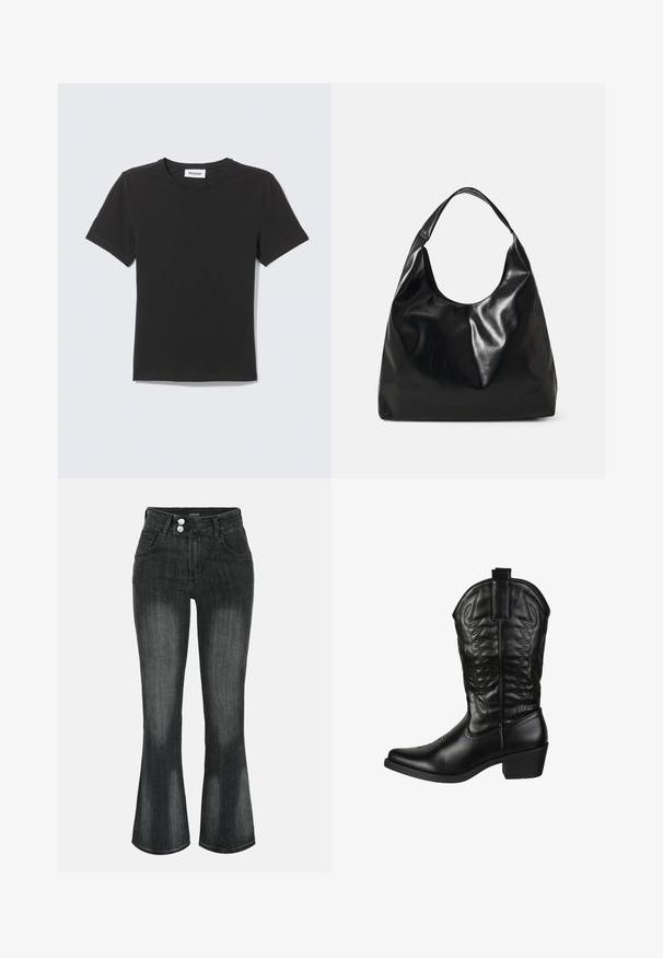 Sort T-shirt med korte ærmer og rund hals lagt fladt med et lille hvidt mærke inde i kraven mod en lys baggrund.; Sort vasket denim jeans med høj talje, dobbelt knaplukning, forlommer og let udvidede ben.; Elara Cowboy- / bikerstøvler - schwarz; Sort læder hobo taske med en blød, skinnende tekstur og en rund, åben top. Har en bred, buet strop til bæring. Ingen synlig hardware.