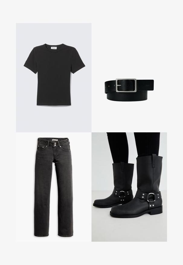 Zwarte T-shirt met korte mouwen en ronde hals plat gelegd met een klein wit label binnen de kraag tegen een lichte achtergrond.; Zwarte straight-leg jeans met voor- en achterzakken, riemlussen en dubbele knoopsluiting bij de taille.; ONLY SHOES ONLBAX - Cowboy-/Bikerlaarzen - black; Zwarte leren riem met zilveren rechthoekige gesp en meerdere verstelgaten, plat gelegd op een witte achtergrond.