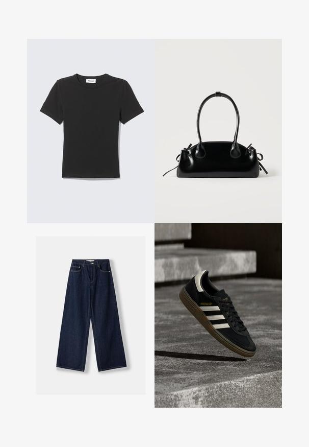 Sort T-shirt med korte ærmer og rund hals lagt fladt med et lille hvidt mærke inde i kraven mod en lys baggrund.; Mørkeblå vidde denimjeans med knap- og lynlås foran, forlommer og bæltestropper, lagt fladt på en hvid baggrund.; Sort Adidas-sneaker med hvide striber og gummisåler, svævende over grå betontrapper i naturligt lys.; Lille sort blank håndtaske med to lange håndtag og snøre-detaljer i siden på en ensfarvet lys baggrund.