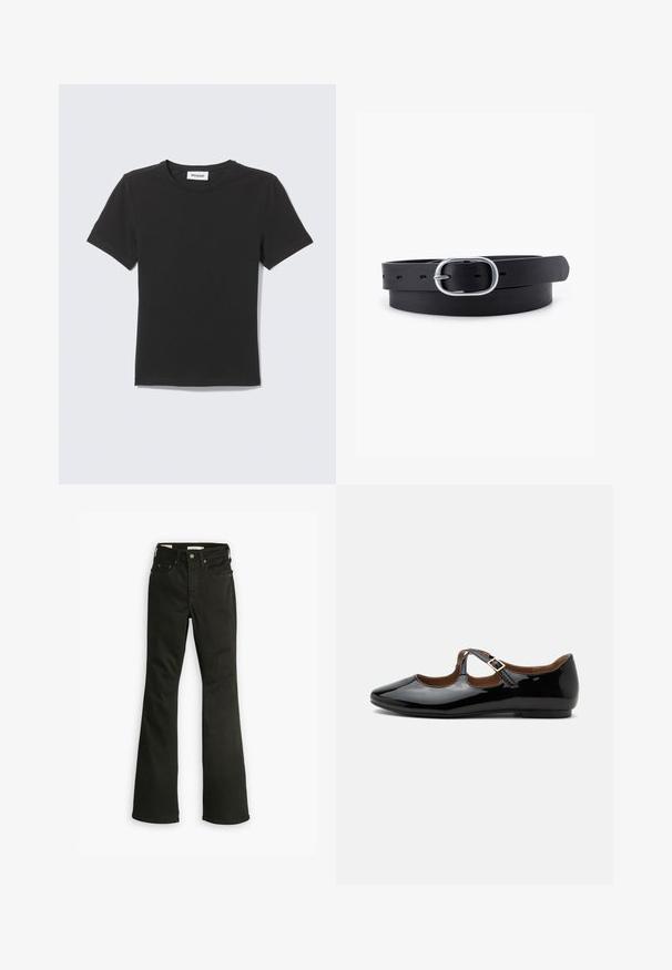 Schwarzes kurzärmeliges T-Shirt mit Rundhalsausschnitt, flach liegend mit kleinem weißem Etikett innen im Kragen vor hellem Hintergrund.; Schwarze Schlagjeans aus Denim. Verfügt über ein klassisches Fünf-Taschen-Design mit Reißverschluss, robuster Naht und sauberem Saum.; Schwarzer Mary Jane flacher Schuh aus Lackleder mit zwei Ausstanzungen und einem goldfarbenen Schnallenriemen auf weißem Hintergrund.; Schwarzer Leder Gürtel mit glatter Textur, ovaler silberner Metallschnalle und mehreren Einstelllöchern entlang des Riemens. Flaches, minimalistisches Design.
