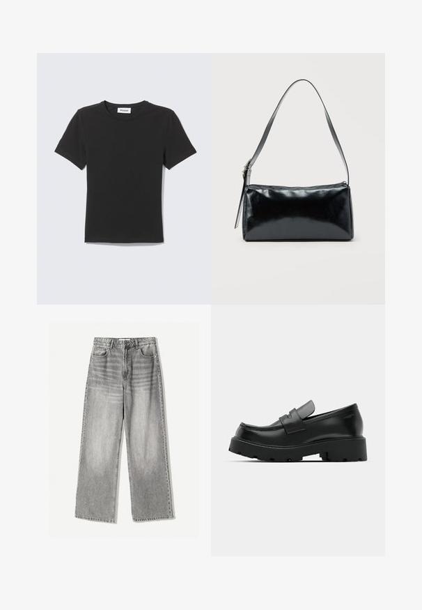 Sort T-shirt med korte ærmer og rund hals lagt fladt med et lille hvidt mærke inde i kraven mod en lys baggrund.; VIDEAJEANS i falmet sort denim med høj talje, der har fem lomme design og kontrasterende syning for tekstur.; Sorte læder loafers med en chunky tekstureret sål, der har en rem over vamps og en glat, poleret finish.; Sort rektangulær skuldertaske med en enkelt justerbar rem og lynlås i toppen på en ensfarvet baggrund.