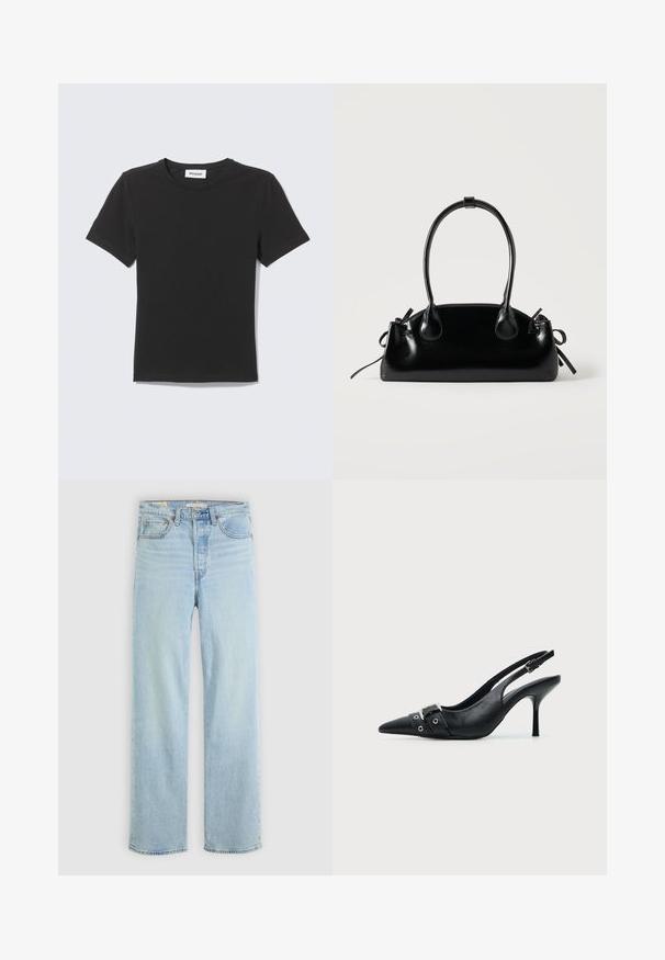 Schwarzes kurzärmeliges T-Shirt mit Rundhalsausschnitt, flach liegend mit kleinem weißem Etikett innen im Kragen vor hellem Hintergrund.; Hellblaue Jeans aus Denim mit geradem Bein, ausgestattet mit fünf Taschen, einem klassischen Reißverschluss und sichtbaren Nähthighlights.; Schwarzer Leder Slingback-Pumps mit spitzer Vorderkappe und einem Schnallen- und Ösenriemen vorne.; Kleine schwarze glänzende Handtasche mit zwei langen Griffen und seitlichen Kordelzug-Details vor einfachem hellem Hintergrund.