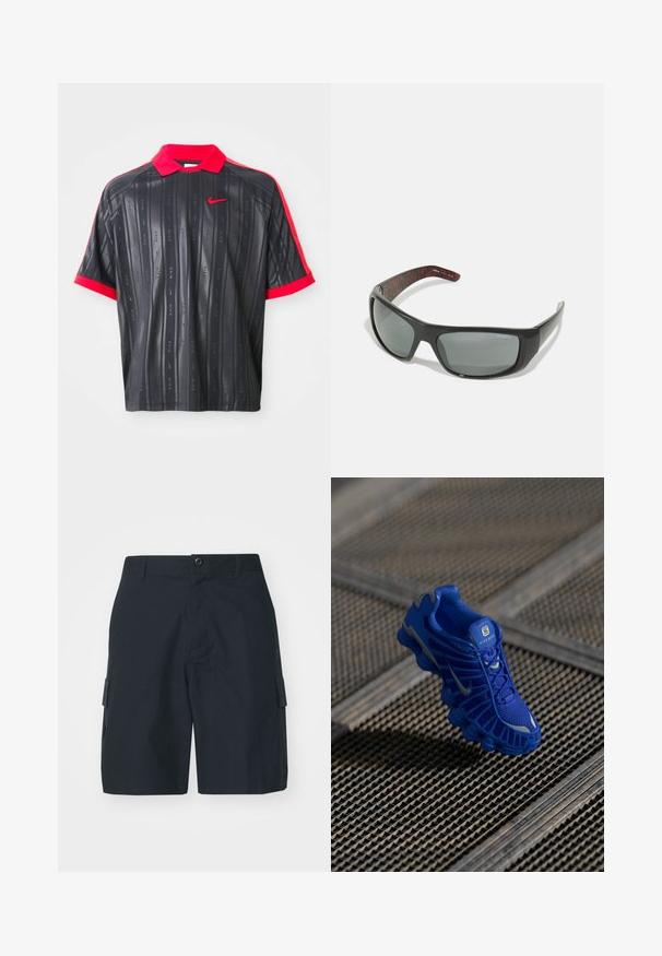Schwarzes Poloshirt mit kurzen Ärmeln, rotem Kragen und rotem Bündchen, dezenten vertikalen Streifen mit "Nike"-Text und rotem Nike-Swoosh-Logo auf der Brust.; Dunkelblaue Cargo-Shorts aus leichtem Stoff. Mit Seitentaschen, einem Knopfverschluss und einem schlichten, taillierten Design.; Blaue Sportschuh mit einem Obermaterial aus Netzgewebe, strukturiertem Design und einer markanten Sohle, die über ausgeprägte Dämpfungselemente und reflektierende Akzente verfügt.; Arnette HOT SHOT - Sonnenbrille - dark grey