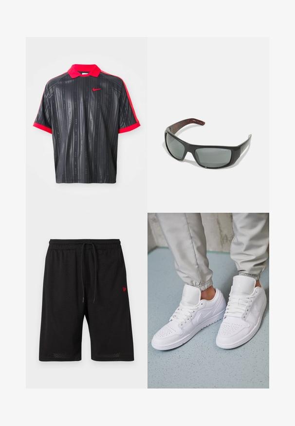 Schwarzes Poloshirt mit kurzen Ärmeln, rotem Kragen und rotem Bündchen, dezenten vertikalen Streifen mit "Nike"-Text und rotem Nike-Swoosh-Logo auf der Brust.; Schwarze Mesh-Shorts mit elastischem Bund, verstellbarem Kordelzug und kleinem roten Logo auf der linken Seite. Leichter und atmungsaktiver Stoff.; Weiße Ledersneaker mit perforierter Zehenbox, flachen Schnürsenkeln, gepolstertem Kragen und dem Jordan-Logo auf der Zunge. Getragen mit grauen Jogginghosen.; Arnette HOT SHOT - Sonnenbrille - dark grey