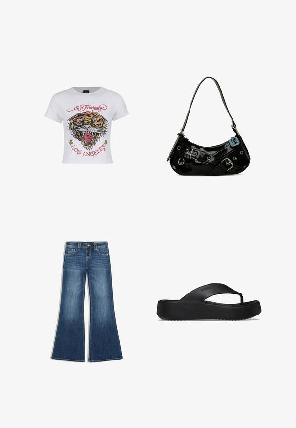 Witte cropped t-shirt met een kleurrijke tijgerafbeelding, versierd met strassaccenten en de tekst "ED HARDY" en "LOS ANGELES" in het rood.; Blauwe denim jeans met een hoge taille en brede uitlopende pijpen, met voorzakken en riemlussen.; Zwarte flip-flop sandaal met een verhoogde zool, gemaakt van rubbermateriaal. Kenmerkt zich door een teenband en een gestructureerde voetbed voor grip.; Zwarte gepatineerde leren handtas met een gebogen vorm, voorzien van zilveren hardware, decoratieve sluitingen en een korte schouderband. Blauwe label bevestigd.