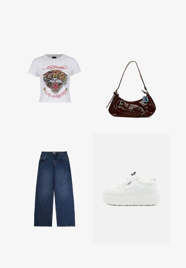 Witte cropped t-shirt met een kleurrijke tijgerafbeelding, versierd met strassaccenten en de tekst "ED HARDY" en "LOS ANGELES" in het rood.; Blauwe wijde spijkerbroek met vijf zakken, riemlussen en knoopsluiting in de taille, plat neergelegd op een witte achtergrond.; Witte platform sneakers met een glad synthetisch buitenkant, ronde neus, gewatteerde kraag en textuurzool. Bevat een contrasterend logo label.; Bordeaux patenten leren handtas met een gebogen vorm, zilveren hardware accenten en een decoratieve gesp. Bevat een korte strap en ritssluiting.