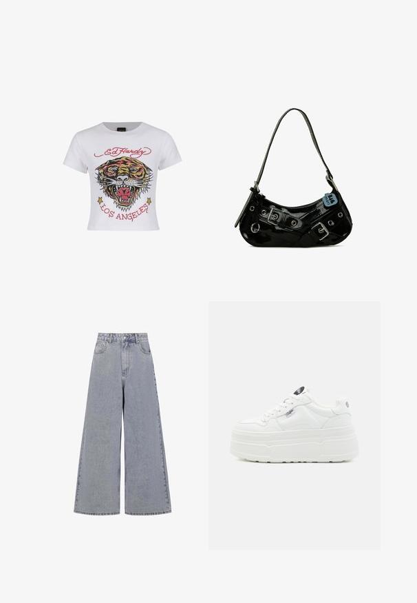 Hvid cropped t-shirt med et farverigt tiger grafik med rhinsten og teksten "ED HARDY" og "LOS ANGELES" i rød.; Lysblå bredbenede jeans lavet af denim, med høj talje, fire lommer og en klassisk knaplukning med subtil slid.; Hvide platform sneakers med en glat syntetisk overflade, rund tå, polstret krave og tekstureret sål. Har et kontrasterende logo-tag.; Sort lakeret skuldertaske med en buet form, udsmykket med sølvhardware, dekorative spænder og en kort rem. Blå mærkat vedhæftet.