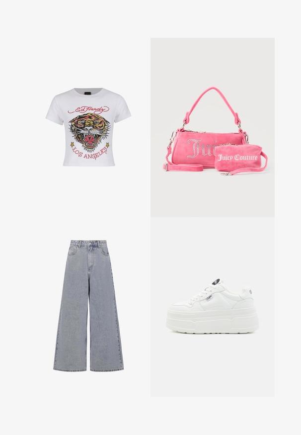 Camiseta corta blanca con un gráfico de tigre colorido, acentos de strass y el texto "ED HARDY" y "LOS ÁNGELES" en rojo.; Pantalones vaqueros de pierna ancha en azul claro, hechos de mezclilla, con una cintura alta, cuatro bolsillos y un cierre clásico de botón con un ligero desvanecimiento.; Zapatillas de plataforma blancas con un exterior sintético liso, punta redondeada, cuello acolchado y suela texturizada. Presenta una etiqueta de logo en contraste.; Dos bolsos rosas de Juicy Couture, uno más grande con letras de cristal y un asa, y otro más pequeño con letras blancas y una correa para la muñeca, sobre un fondo gris.
