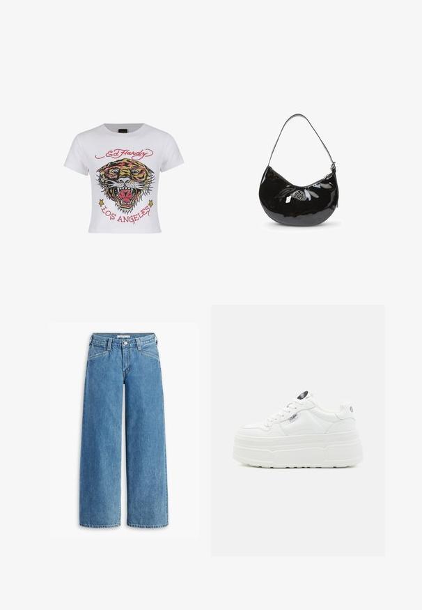 Hvid cropped t-shirt med et farverigt tiger grafik med rhinsten og teksten "ED HARDY" og "LOS ANGELES" i rød.; Lysblå bredbenede jeans lavet af denim, med høj talje, fem lommer og en klassisk knaplukning. Lige snit fra lår til kant.; Hvide platform sneakers med en glat syntetisk overflade, rund tå, polstret krave og tekstureret sål. Har et kontrasterende logo-tag.; Sort patentlæder håndtaske med en buet form, enkelt skulderrem, lynlåslukning og et dekorativt metal logo. Glat tekstur.