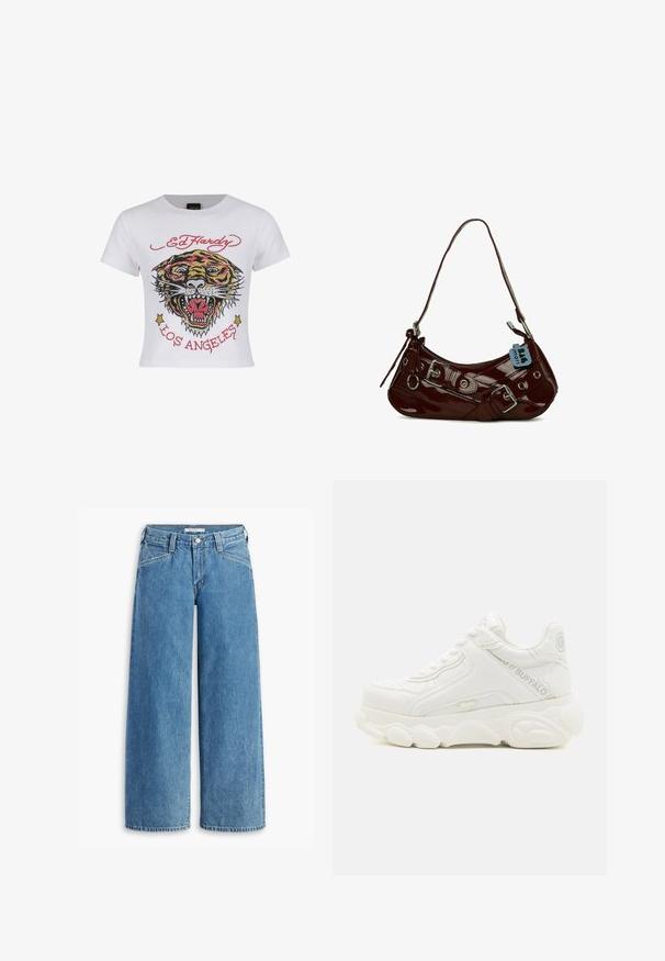 Hvid cropped t-shirt med et farverigt tiger grafik med rhinsten og teksten "ED HARDY" og "LOS ANGELES" i rød.; Lysblå bredbenede jeans lavet af denim, med høj talje, fem lommer og en klassisk knaplukning. Lige snit fra lår til kant.; Hvid chunky sneaker med tyk sål, snørelukning og "Buffalo" branding på siden og hælen.; Bordeaux patentskinds læder håndtaske med en buet form, sølv hardware detaljer og en dekorativ spænde. Har en kort rem og lynlås lukning.