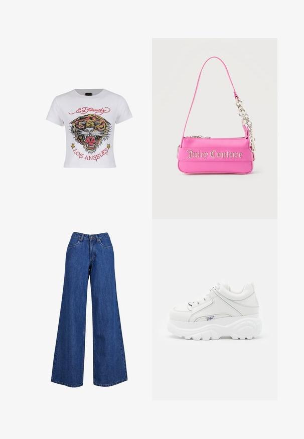 Witte cropped t-shirt met een kleurrijke tijgerafbeelding, versierd met strassaccenten en de tekst "ED HARDY" en "LOS ANGELES" in het rood.; Brede denim jeans in medium blue, met een hoge taille, contrasterende stiksels en een klassiek vijf-pocket ontwerp.; Witte platform sneakers van synthetisch materiaal, met een gladde afwerking, dikke zool en subtiele stiksels. Gekoesterd met een logo.; Kleine felroze Juicy Couture-handtas met zilveren kettingdetail en logotekst aan de voorkant, enkele smalle schouderband.