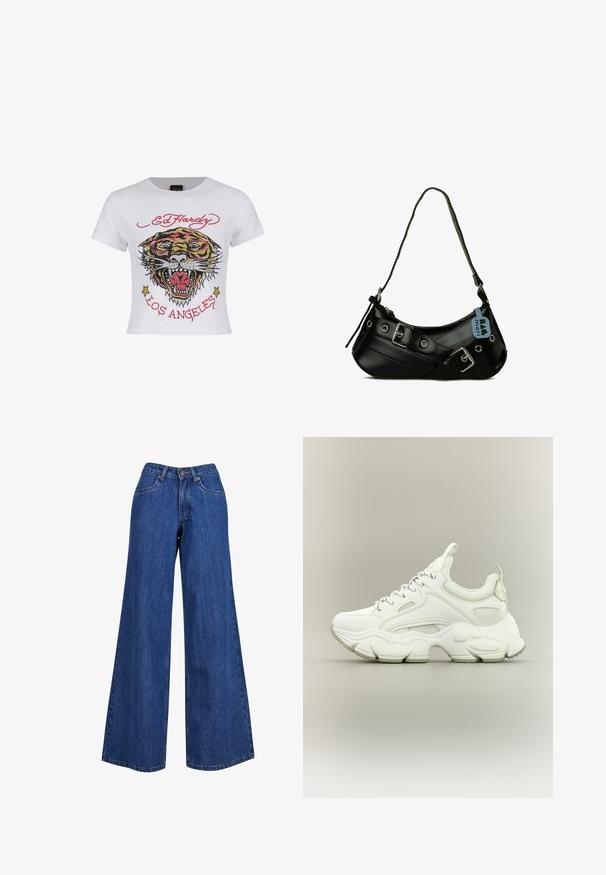 Hvid cropped t-shirt med et farverigt tiger grafik med rhinsten og teksten "ED HARDY" og "LOS ANGELES" i rød.; Bredde ben denim jeans i mellemblå, med høj talje, kontrasterende syninger og et klassisk femlommers design.; Hvid chunky sneaker med tyk struktureret sål, mesh- og læderoverdel, snørelukning og trækstropper på tunge og hæl.; Sort syntetisk håndtaske med en buet form, justerbar rem og dekorative metalspænder. Har en glat, blank tekstur.