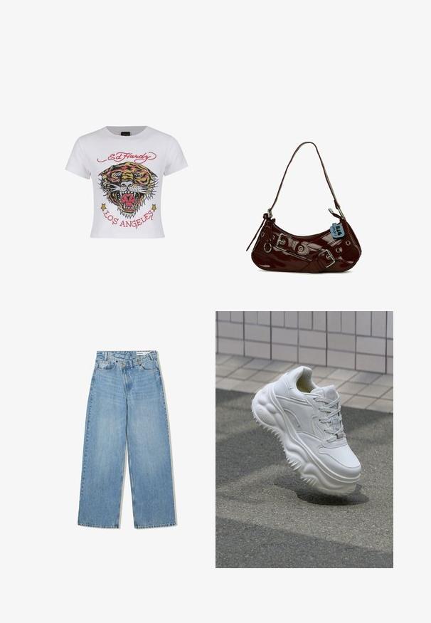 Weißes, kurz geschnittenes T-Shirt mit einem bunten Tiger-Graphic, verziert mit Strassakzenten sowie dem Text "ED HARDY" und "LOS ANGELES" in Rot.; Hellblaue weite Jeans aus Denim, mit hoher Taille, fünf Taschen, Knopfverschluss und dezentem Verblassen für Textur.; Weiße Leder-Sneaker mit einer massiven Sohle, strukturierten Details und Schnürverschluss. Verfügt über geformte Akzente und eine glatte Oberfläche.; Bordeauxfarbene Lacklederhandtasche mit geschwungener Form, silbernen Hardware-Details und einer dekorativen Schnalle. Verfügt über einen kurzen Tragegurt und einen Reißverschluss.