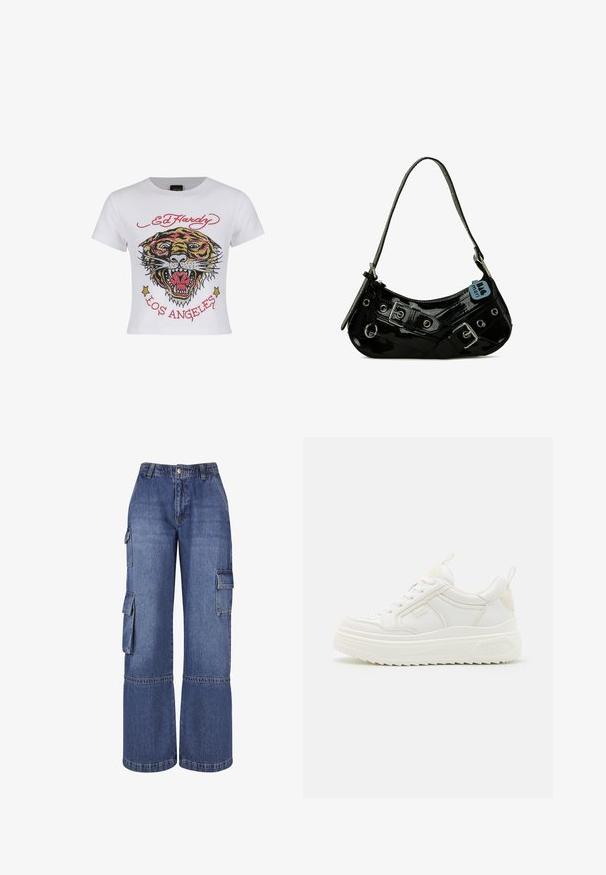 Witte cropped t-shirt met een kleurrijke tijgerafbeelding, versierd met strassaccenten en de tekst "ED HARDY" en "LOS ANGELES" in het rood.; Brede spijker cargo broek in medium blauw, met meerdere zijzakken, een knoopsluiting en contrasterende stiksels langs de naden.; Witte leren sneakers met een stevige zool, vetersluiting en subtiele branding. Heeft een zachte textuur en een ronde neus.; Zwarte gepatineerde leren handtas met een gebogen vorm, voorzien van zilveren hardware, decoratieve sluitingen en een korte schouderband. Blauwe label bevestigd.