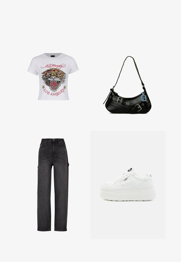 Hvid cropped t-shirt med et farverigt tiger grafik med rhinsten og teksten "ED HARDY" og "LOS ANGELES" i rød.; Højtaljede cargo jeans i sort denim med vid ben-design, sidelommer og subtile falmning detaljer. Holdbart stof og kontraststik.; Hvide platform sneakers med en glat syntetisk overflade, rund tå, polstret krave og tekstureret sål. Har et kontrasterende logo-tag.; Sort syntetisk håndtaske med en buet form, justerbar rem og dekorative metalspænder. Har en glat, blank tekstur.