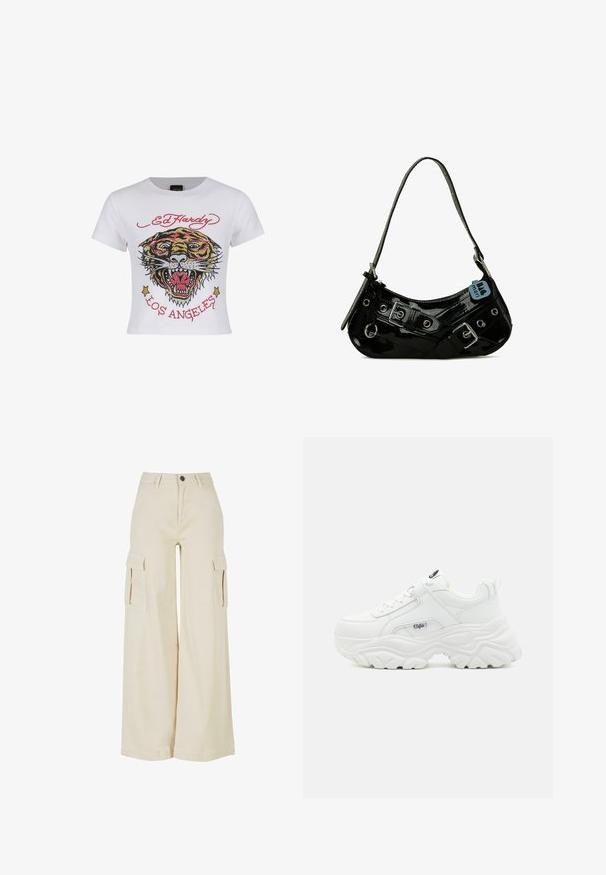 Hvid cropped t-shirt med et farverigt tiger grafik med rhinsten og teksten "ED HARDY" og "LOS ANGELES" i rød.; Beige cargo bukser med vidde, lavet af bomuld, med to store sidelommer, lukning med knap foran og en ren kant.; Hvide chunky sneakers med en glat læderoverdel, rund tå og tyk tekstureret sål med et synligt brandlogo på siden.; Sort lakeret skuldertaske med en buet form, udsmykket med sølvhardware, dekorative spænder og en kort rem. Blå mærkat vedhæftet.