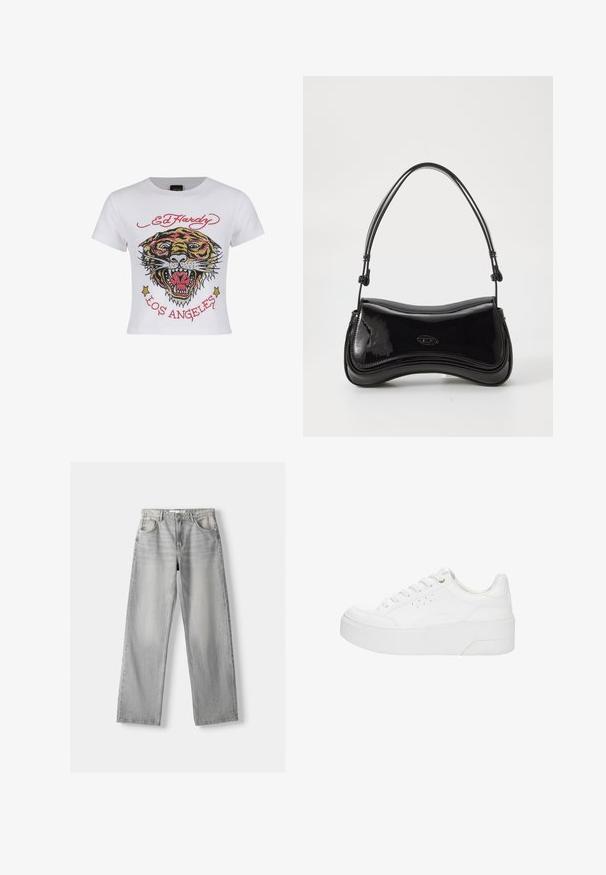 Weißes, kurz geschnittenes T-Shirt mit einem bunten Tiger-Graphic, verziert mit Strassakzenten sowie dem Text "ED HARDY" und "LOS ANGELES" in Rot.; Helle graue Jeans aus Denim mit geradem Bein, ausgestattet mit zwei vorderen Taschen, einem Knopfverschluss und subtilen Abnutzungen für Struktur.; Weißer Plateau-Sneaker mit Schnürung vorne, perforierten Seitendetails und dicker Sohle, von der Außenseite vor weißem Hintergrund gezeigt.; Schwarze Handtasche aus lackiertem Leder mit einer geschwungenen Form, einem einzelnen Griff und einem runden Boden. Verfügt über ein dezentes Logo-Detail auf der Vorderseite.