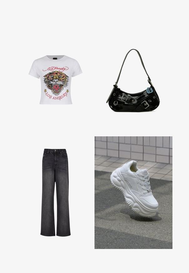 Hvid cropped t-shirt med et farverigt tiger grafik med rhinsten og teksten "ED HARDY" og "LOS ANGELES" i rød.; Bredde ben sorte denim jeans med en glat tekstur, der har høj talje, forlommer og knaplukning.; Hvide lædersneakers med en kraftig sål, teksturerede detaljer og snørelukning. Har formede accenter og en glat finish.; Sort lakeret skuldertaske med en buet form, udsmykket med sølvhardware, dekorative spænder og en kort rem. Blå mærkat vedhæftet.