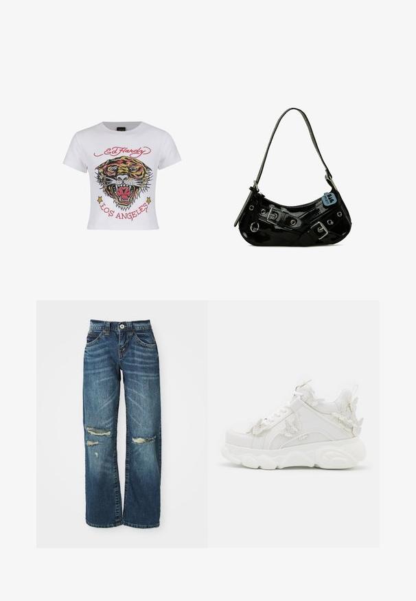 Camiseta corta blanca con un gráfico de tigre colorido, acentos de strass y el texto "ED HARDY" y "LOS ÁNGELES" en rojo.; Vaqueros de mezclilla azul con corte de pierna ancha, que presentan áreas desgastadas, desgastes deshilachados sobre las rodillas y cierre estándar de botón y cremallera.; Zapatilla blanca gruesa con suela gruesa y detalles decorativos de mariposas 3D en el lateral, los cordones y el talón.; Bolso de mano de charol negro con forma curva, que presenta herrajes plateados, hebillas decorativas y una correa corta. Etiqueta azul adjunta.