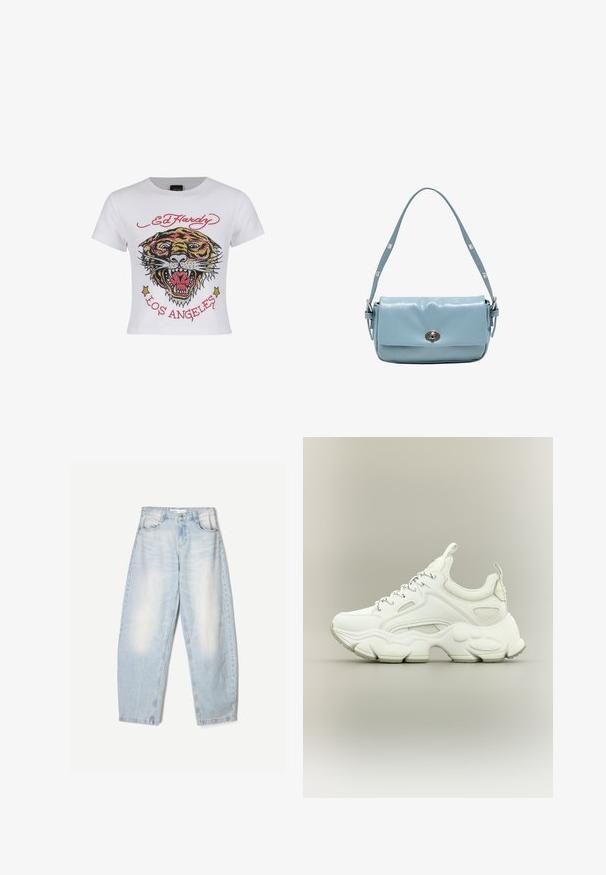 Weißes, kurz geschnittenes T-Shirt mit einem bunten Tiger-Graphic, verziert mit Strassakzenten sowie dem Text "ED HARDY" und "LOS ANGELES" in Rot.; Hellblaue Jeans aus Denim mit lockerer Passform, im ausgewaschenen Finish, zwei Fronttaschen und einem Knopfverschluss am Bund.; Weißer klobiger Sneaker mit dicker, strukturierter Sohle, Mesh- und Lederobermaterial, Schnürverschluss und Zuglaschen an Zunge und Ferse.; Hellblaue Leder-Umhängetasche mit verstellbarem Riemen und silbernem Drehverschluss an der Frontklappe.