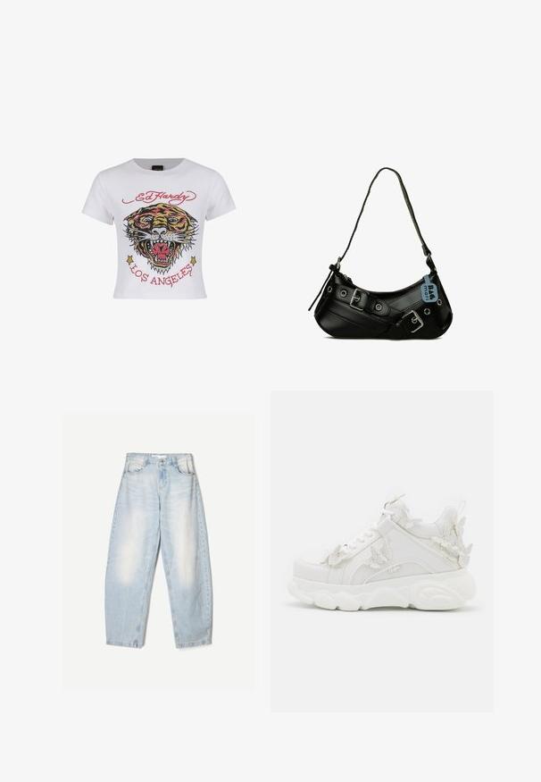 Weißes, kurz geschnittenes T-Shirt mit einem bunten Tiger-Graphic, verziert mit Strassakzenten sowie dem Text "ED HARDY" und "LOS ANGELES" in Rot.; Hellblaue Jeans aus Denim mit lockerer Passform, im ausgewaschenen Finish, zwei Fronttaschen und einem Knopfverschluss am Bund.; Weißer klobiger Sneaker mit dicker Sohle und dekorativen 3D-Schmetterlingsakzenten an der Seite, den Schnürsenkeln und der Ferse.; Schwarze synthetische Handtasche mit geschwungener Form, verstellbarem Riemen und dekorativen Metall-Schnallen. Besitzt eine glatte, glänzende Textur.