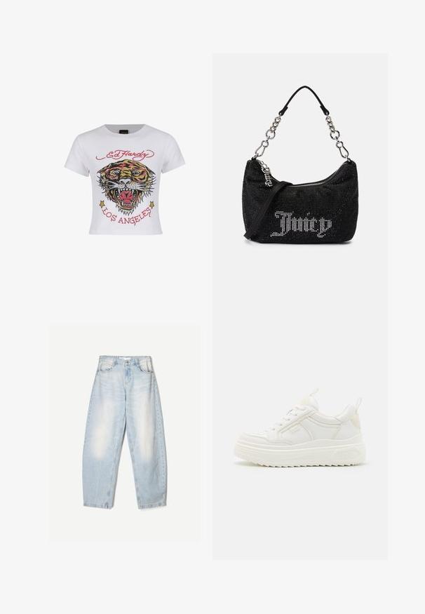 Weißes, kurz geschnittenes T-Shirt mit einem bunten Tiger-Graphic, verziert mit Strassakzenten sowie dem Text "ED HARDY" und "LOS ANGELES" in Rot.; Hellblaue Jeans aus Denim mit lockerer Passform, im ausgewaschenen Finish, zwei Fronttaschen und einem Knopfverschluss am Bund.; Weiße Leder-Sneaker mit einer klobigen Sohle, Schnürdesign und dezentem Branding. Sie verfügen über eine glatte Textur und eine abgerundete Zehenpartie.; Schwarze Tasche mit Strassverzierungen, gebogener Form und silberner Kettenhandgriff. Verfügt über einen Reißverschluss und das "Juicy"-Logo in Weiß.