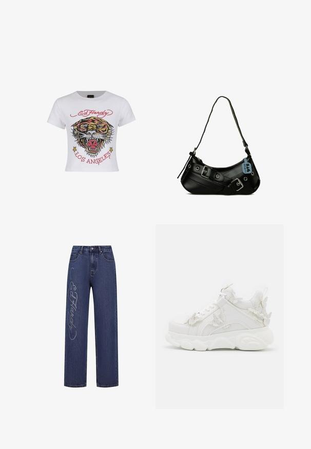 Weißes, kurz geschnittenes T-Shirt mit einem bunten Tiger-Graphic, verziert mit Strassakzenten sowie dem Text "ED HARDY" und "LOS ANGELES" in Rot.; Dunkelblaue Denim-Jeans mit lockerem Schnitt, verziert mit silbernen Strasssteinen, die den Text "Ed Hardy" entlang des linken Beins bilden.; Weißer klobiger Sneaker mit dicker Sohle und dekorativen 3D-Schmetterlingsakzenten an der Seite, den Schnürsenkeln und der Ferse.; Schwarze synthetische Handtasche mit geschwungener Form, verstellbarem Riemen und dekorativen Metall-Schnallen. Besitzt eine glatte, glänzende Textur.