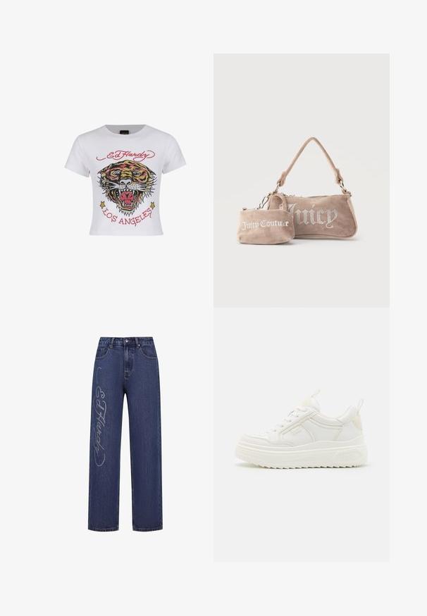 Hvid cropped t-shirt med et farverigt tiger grafik med rhinsten og teksten "ED HARDY" og "LOS ANGELES" i rød.; Mørkeblå denim jeans med løs pasform, der har dekorative sølv rhinsten, som danner teksten "Ed Hardy" langs venstre ben.; Hvide lædersneakers med en kraftig sål, snørebåndsdesign og subtil branding. Har en glat overflade og rund tå.; To beige ruskind Juicy Couture-tasker, den ene en lille håndledsmappe med logo, den anden en skuldertaske med rhinsten "Juicy" tekst.