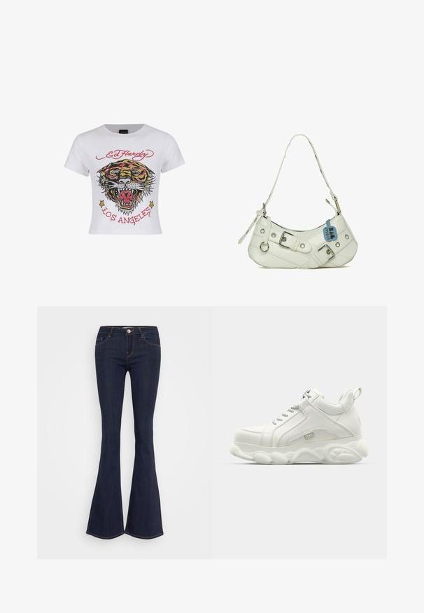 Witte cropped t-shirt met een kleurrijke tijgerafbeelding, versierd met strassaccenten en de tekst "ED HARDY" en "LOS ANGELES" in het rood.; Donkere jeans met flare, een aansluitende taille, een sluiting met een voorbutton, een vijf-pocket ontwerp en naaddetails langs de benen.; Witte sportieve sneakers met een gladleren bovenkant, ronde zool en textuuraccent. Beschikt over veters en een trekring aan de achterkant.; Witte synthetische handtas met een gebogen silhouet, verstelbare schouderband, decoratieve gesp, zilverkleurige hardware en een blauwe label eraan bevestigd.